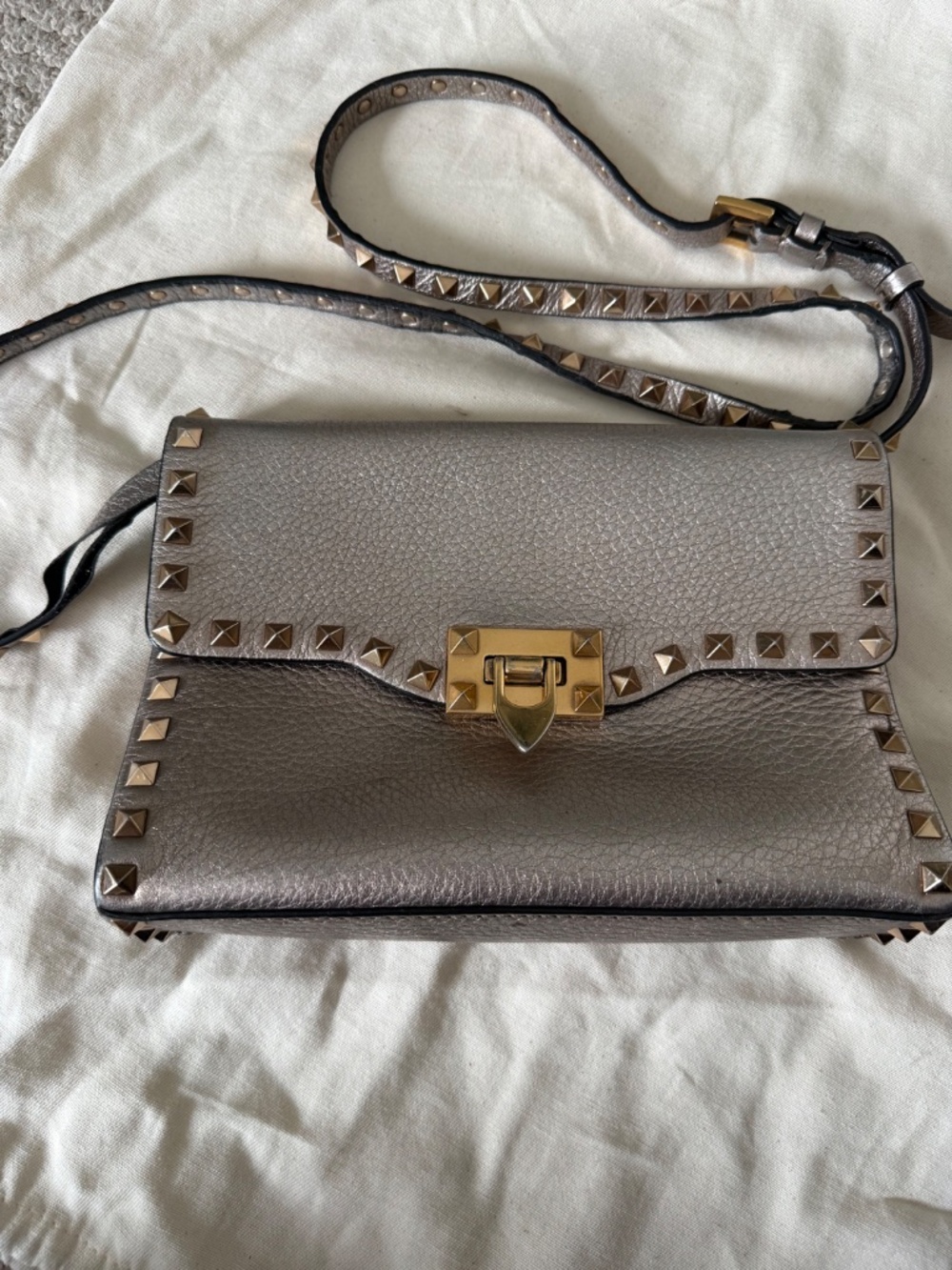 Valentino Garavani Rockstud Metallic Bronze Pewter Leather Flap Crossbody Bag